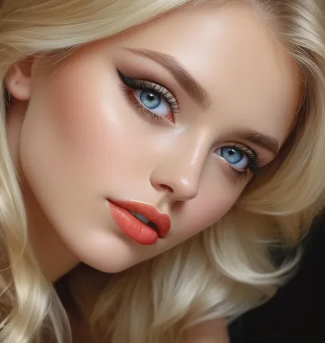 a close up of a woman with long blonde hair and blue eyes