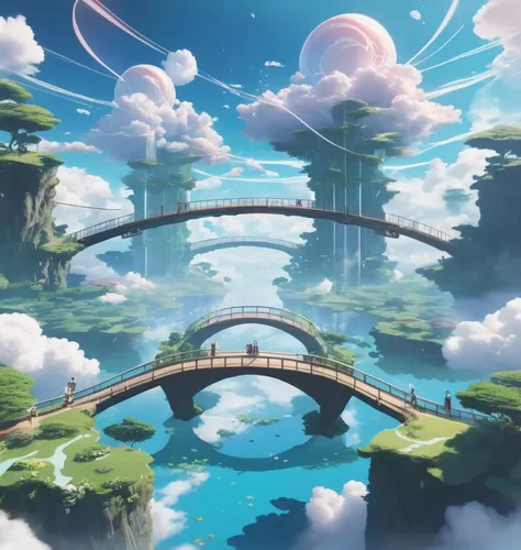 Ethereal realm with floating islands, bridges connecting clouds, mirroring dreamy anime visuals.