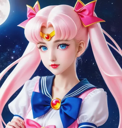 Sailor girl with pink bow and blue eyes, Sailor Moon!!!!!!!!, Water ice moon style, authorï¼the sailor moon, inspired by Sailor Moon, kawaii, Anime princess, the sailor moon. Cute anime girl, portrait of magical girl, style of anime