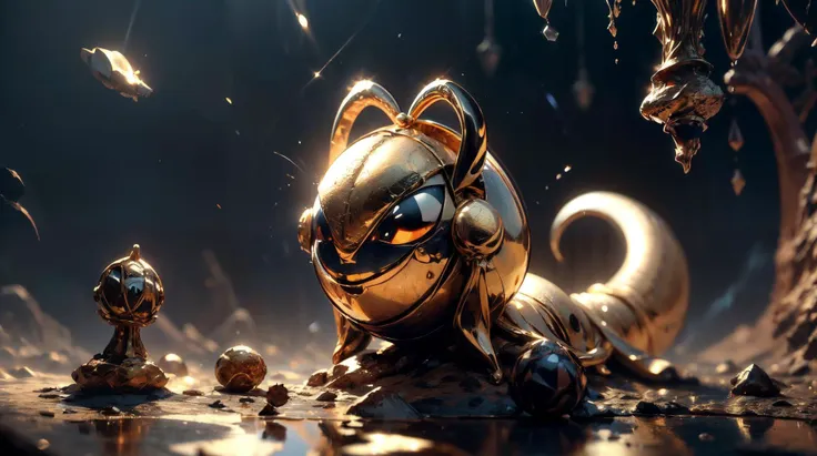 a close up of a cat with a gold head and a gold body