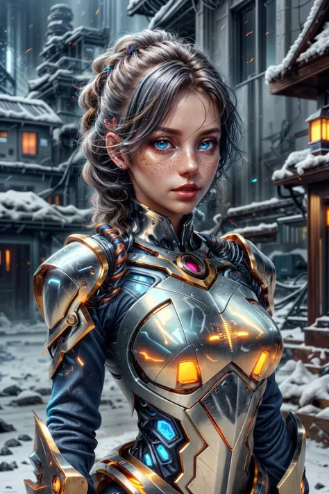 a woman in armor standing in front of a snowy city