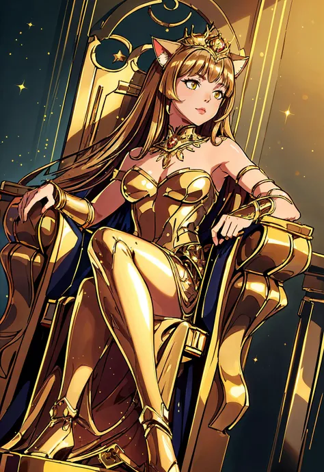 <lora:add_detail:0.4> <lora:GoldenTech:0.7> (masterpiece, best quality, realistic, detailed, sharp:1.2), intricate details, goldentech, (dutch angle), sunset, medieval, (cat queen:1.2), golden royal dress, sitting on golden throne, throne room, sparkles, g...