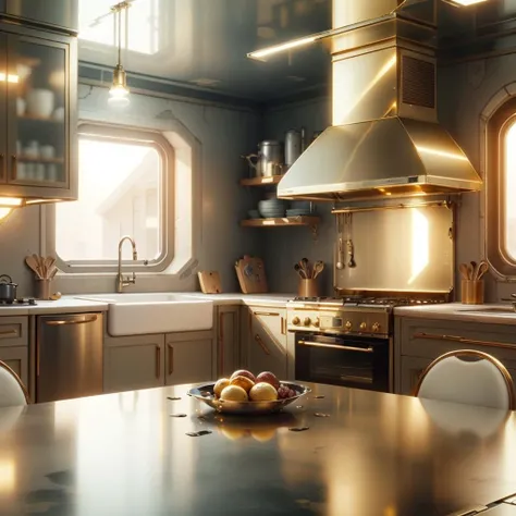 <lora:GoldenTech-20:0.8>,goldentech ,scifi, golden, reflective , 
kitchen, interior