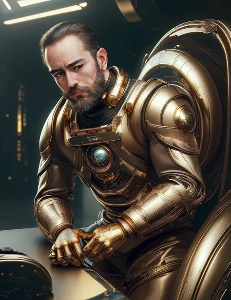 ((best quality)), ((masterpiece)), ((realistic)), (detailed),goldentech male Ageless Wholesome, Greek, Black eyes, Small Ears, Upturned Nose, Unique Chin, Defined Jaw, Round Cheeks, Unusual Forehead, Unusual face shape, Elongated Toes, Balbo Beard , Mahoga...