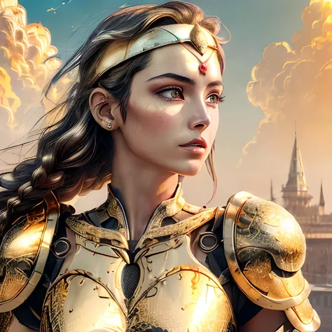 (8k, best quality, masterpiece:1.2) (realistic, photo-realistic:1.4) ultra-detailed, female warrior, amazingly beautiful, (perfect face, perfect anatomy, ultra-detailed eyes:1.5), valiant, majestic pose, (glossy ultra-detailed hair, hair plait:1.3), inquis...