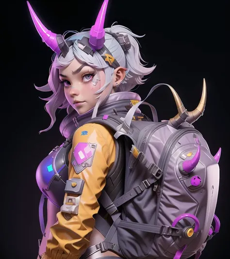 nijilorahorn a pertty nijigirl with crystal - clear horns, wearing bodysuit, big beautiful ODD eyes, carrying a backpack, on the streets of a cyberlunk desert city <lora:nijilorahorn-000001:0.8>