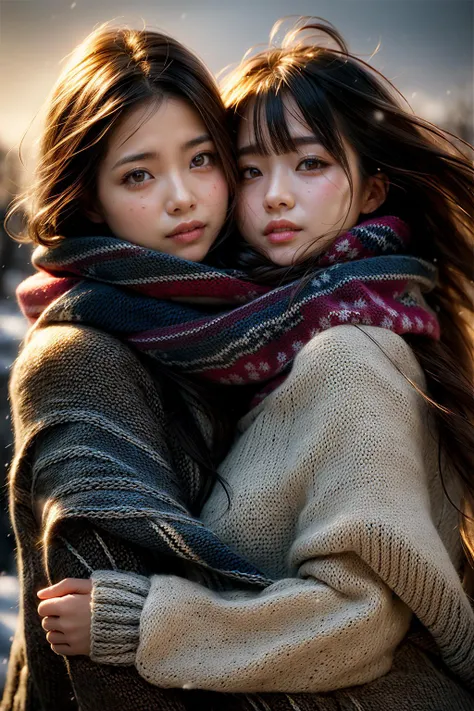 two asian women hugging each other in a winter scene