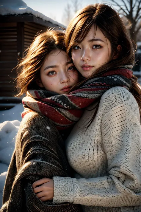 two women hugging each other in the snow in front of a cabin