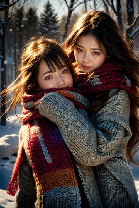 two asian women hugging each other in the snow