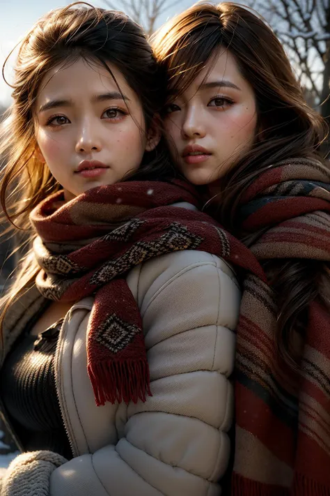 two asian women are standing together in the snow