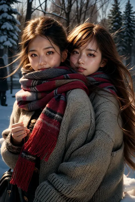 two young women standing in the snow with a scarf around their necks