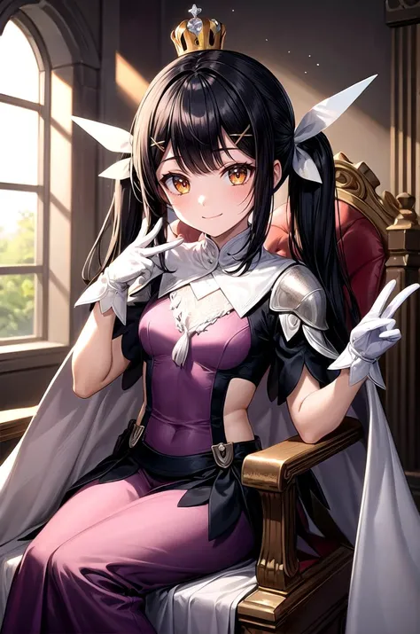 (masterpiece, best quality, detailed), 1girl, solo, looking at viewer, MiyuDef, orange eyes, brown eyes, black hair, long hair, hairclip, bangs, hair ornament, twintails, low twintails, sidelocks, small breasts, x hair ornament, feather hair ornament,
king...