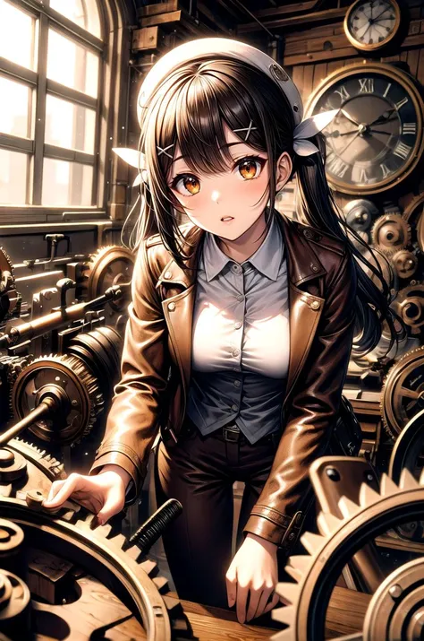 anime girl in a steampunky room with a clock