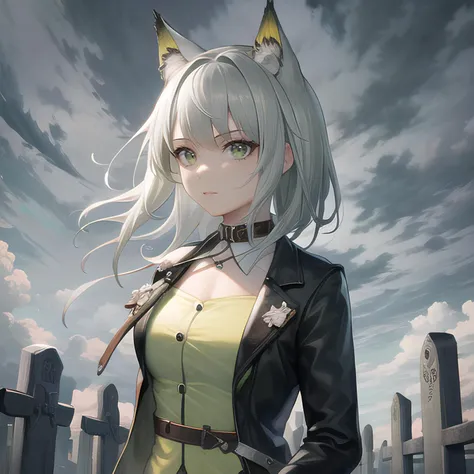 anime girl with cat ears and a green dress standing in front of a city