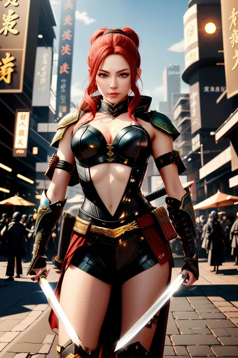 woman wearing , futuristic ninja armor, woman holding katana, crowd, detailed background,8k,posing, ,reflections , <lora:AnimS3:0.6>, katana, action scene,intricate