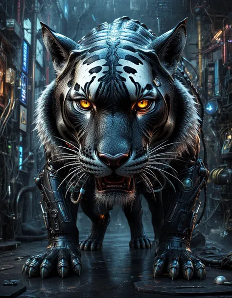 A mutant tiger,neon ambiance,abstract black oil,gear mecha,detailed acrylic,grunge,intricate complexity,rendered in unreal engine,photorealistic