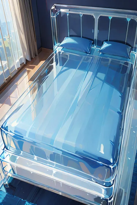 there is a bed with a clear plastic cover on it