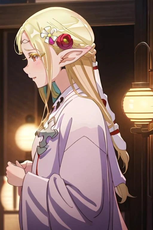 best quality, masterpiece, highres, solo, {eruda_edomaeelf:1.15}, blonde_hair, pointy_ears, long_hair, elf, blush, circlet, hair_ornament, flower, hair_flower, red_eyes, 1girl, braid, from_side, profile, brown_eyes