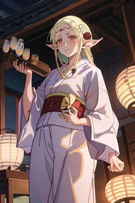 best quality, masterpiece, highres, solo, {yukata:1.40}, {kimono:1.20}, {eruda_edomaeelf:1.15}, blonde_hair, pointy_ears, long_hair, elf, blush, circlet, hair_ornament, flower, hair_flower, red_eyes