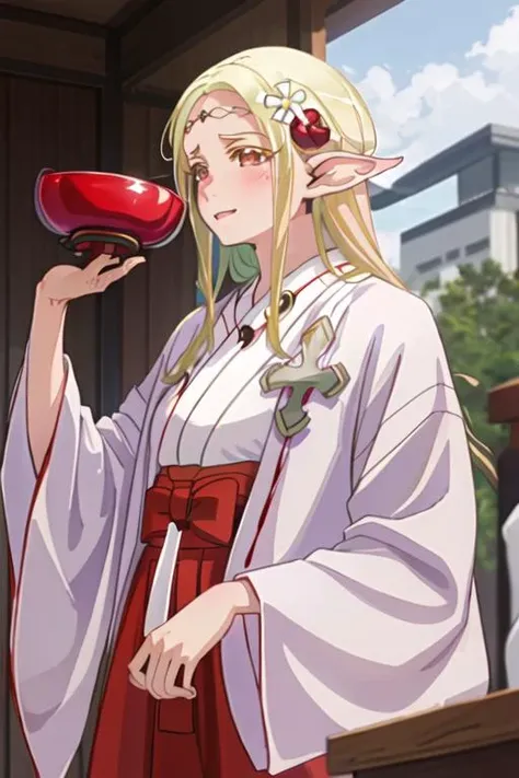 best quality, masterpiece, highres, solo, {white kimono:1.35}, {red hakama:1.35}, {wide sleeves:1.20}, {eruda_edomaeelf:1.15}, blonde_hair, pointy_ears, long_hair, elf, blush, circlet, hair_ornament, flower, hair_flower, red_eyes