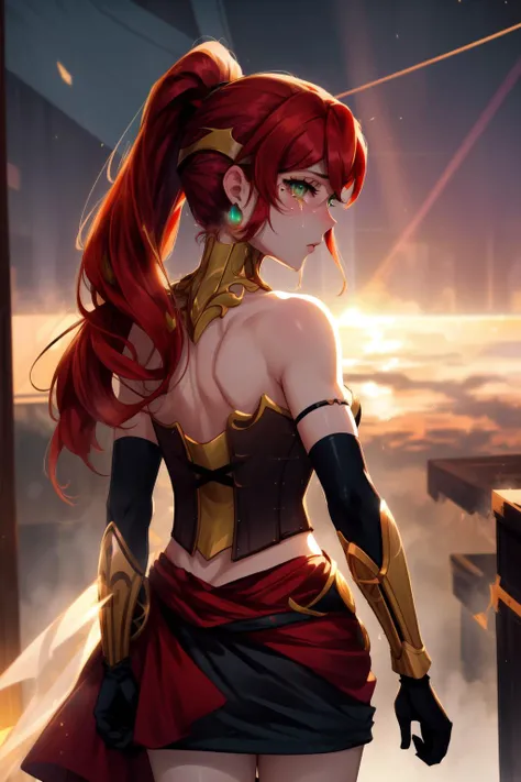 masterpiece,best quality,8k,absurdres,unity 8k wallpapper,(extremely detailed:1.3),highestres,highres,light rays,1girl,pyrrha nikos,ponytail,red hair,green eyes,circlet,bustier,skirt,elbow gloves,bracers,(tears),(walking away),arms at sides,looking back,lo...