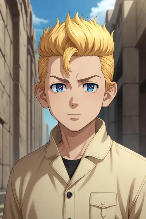 a man with blonde hair and blue eyes standing in a narrow alley