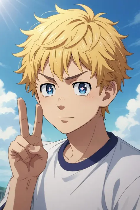 a young man with blonde hair and blue eyes holding up a peace sign