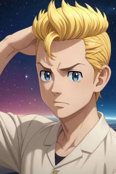 a man with blonde hair and blue eyes in a white shirt