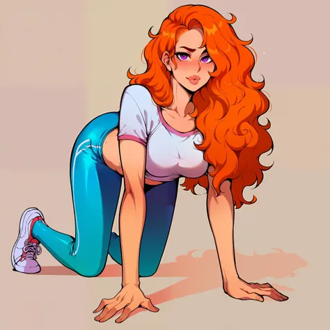 a cartoon of a woman with long red hair and blue pants