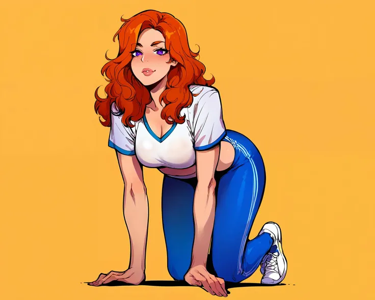 a cartoon of a woman in a white shirt and blue pants