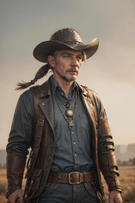 a man in a cowboy hat and leather jacket standing in a field