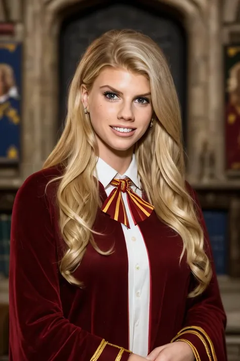 Professional photograph of a wizard woman, (up close portrait) shes 28 years old, shes <lora:charlottemckinney:1> charlottemckinney, she is wearing a black wizards robe, hogwarts style. Shes got blonde hair combed to the sides. Shes nerdy. Shes smiling at ...