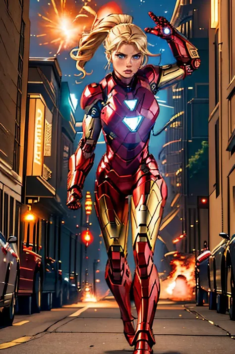 Professional photograph of epic action heroine, shes 27 year old blonde woman <lora:charlottemckinney:0.6> charlottemckinney shes wearing the Iron Man <lora:iron_man:0.5> power suit, power armor, intense focus expression on her face, shes ((flying through ...