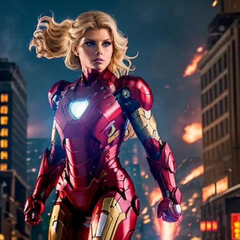 Professional photograph of epic action heroine, shes 25 year old blonde woman <lora:charlottemckinney:0.6> charlottemckinney shes wearing the Iron Man <lora:iron_man:0.45> power suit, power armor, intense focus expression on her face, shes flying through t...