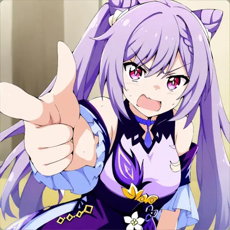 a close up of a person with a thumbs up and a purple dress