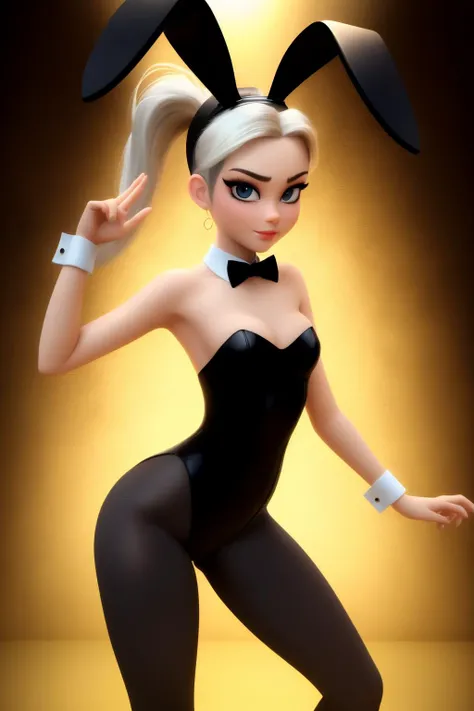 pixar style, 3d cartoon render, 1girl, a beautiful young woman, gorgeous face, perfect skin, high ponytail, black one piece swimsuit, (traditional playboy bunny suit:1.3), (full black pantyhose:1.3), (bunny ears:1.1), (bow tie:1.1), (cuffs:1.1), (bare shou...