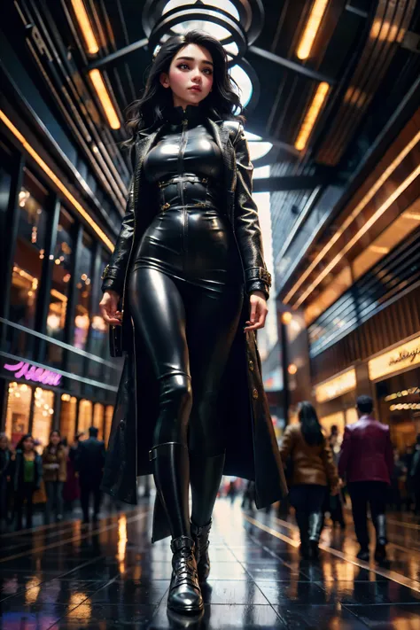 a woman in a black leather outfit walking down a street