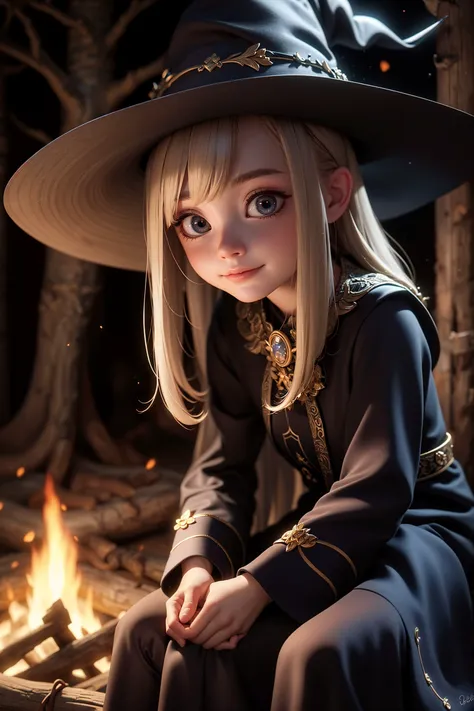 a woman in a witch costume sitting in front of a fire