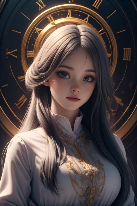 close up, 1girl, white hair, very long hair, big breasts, (<lora:Unholy:0.5>, Sc3pt4, scifi theme:1.1), divine angel of time, (style-swirlmagic:0.9), limitless time, time travel, swirling clock in background, symmetrical composition, majestic divine atmosp...