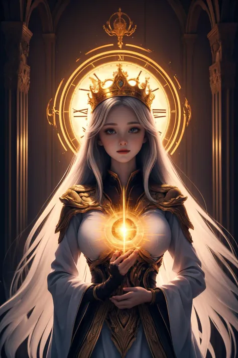 close up, 1girl, white hair, very long hair, big breasts, (<lora:Unholy:0.5>, Sc3pt4, scifi theme:1.1), divine angel of time, (style-swirlmagic:0.9), fire magic, golden crown, limitless time, time travel, swirling clock in background, symmetrical compositi...