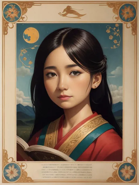 a painting of a woman with long hair and a book