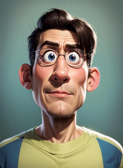 a cartoon man with glasses and a green shirt looks up