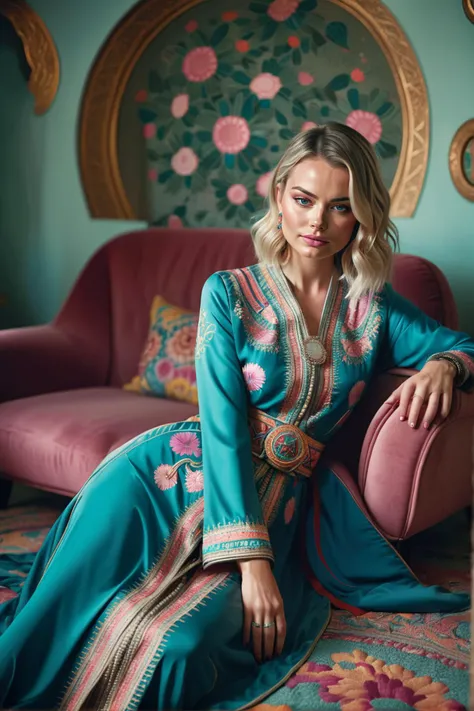 psychedelic advertising style Fujifilm Superia, dark pink and Beige details, psychedelic colors, Hypersaturated, three colors, Chibi Mongolian Viking (Margot Robbie:1.2) , wearing Eclectic Iro and buba, sitting with back arched, her hair is Teal, Cobalt Bl...