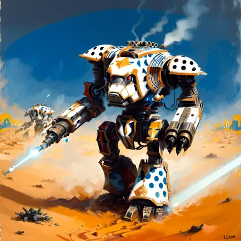 (acrylic painting,pop art,ben day dots,style of Roy Lichtenstein),mech, titan,warhound,walking in arid field,no humans,arm cannon,laser gun, <lora:Titans MK1 by CARAXES:0.7>, <lora:LORA-XenoDetailer-v2:0.1>