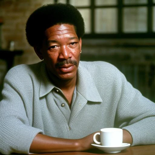 morgan freeman oily ( the basis of crm interior coffee cafe at hogwarts) in the background, evil:.2, movie still,