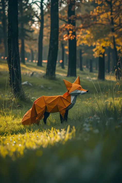 a close up of a fox statue in a field of grass