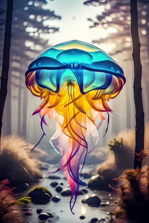 master piece,high quality,Luminous jellyfish,in the forest,at night,white and rainbow light,J_origami,<lora:J_origami:0.8>,<lora:KhalaiAI:1>,