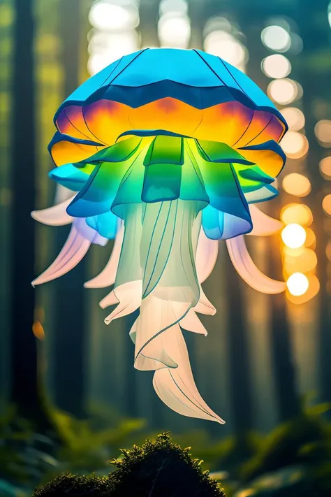 master piece,high quality,Luminous jellyfish,in the forest,at night,white and rainbow light,J_origami,<lora:J_origami:0.8>,