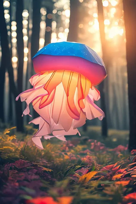 master piece,high quality,Luminous jellyfish,in the forest,at night,white and rainbow light,J_origami,<lora:J_origamiæçº¸ä¸ç:0.9>,