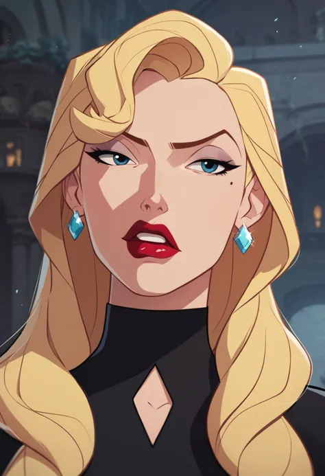 a cartoon image of a blonde woman with blue eyes and a black top